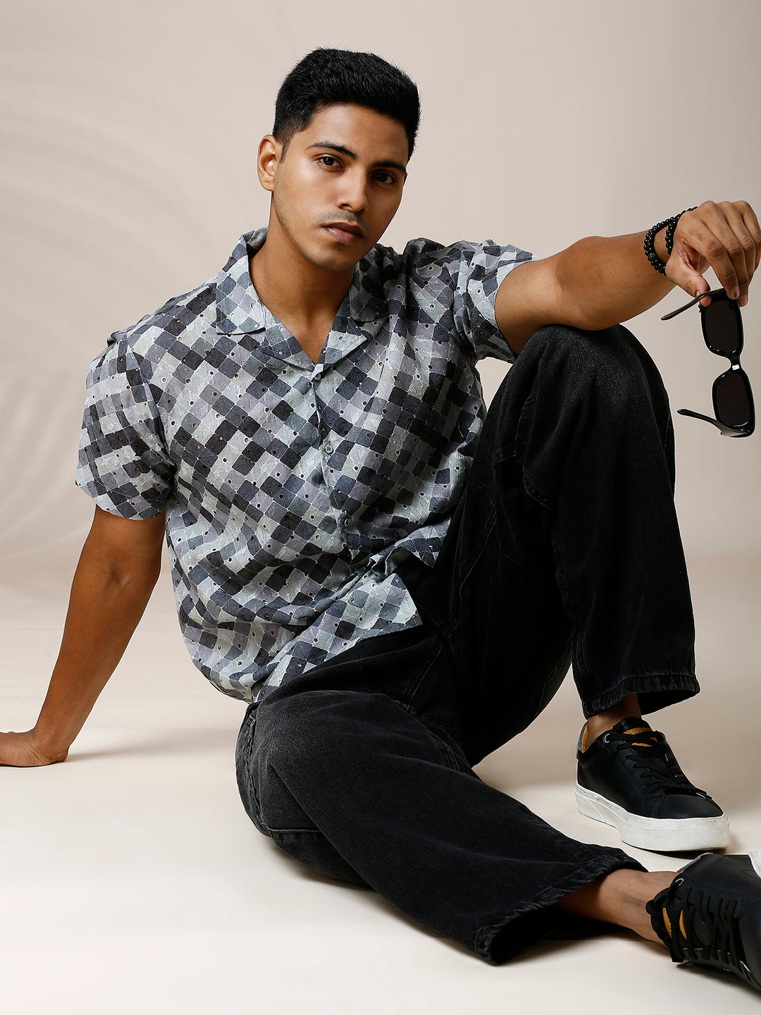 GREYISH BLACK PRINTED CASUAL CUBAN COLLAR SHIRT
