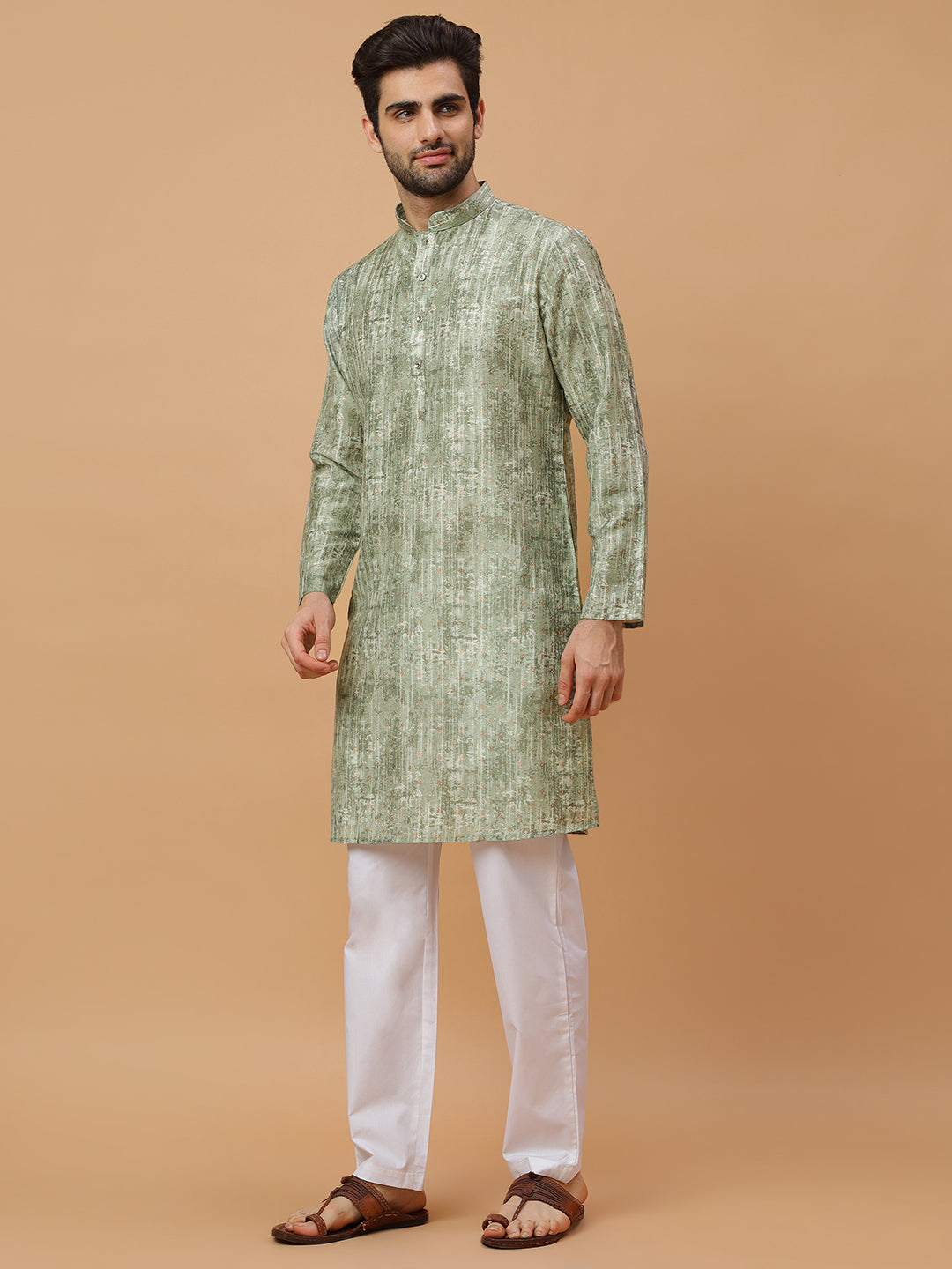 LEAFY GREEN ABSTRACT PRINTED KURTA PYJAMA SET WITH ALLOVER BUTTA