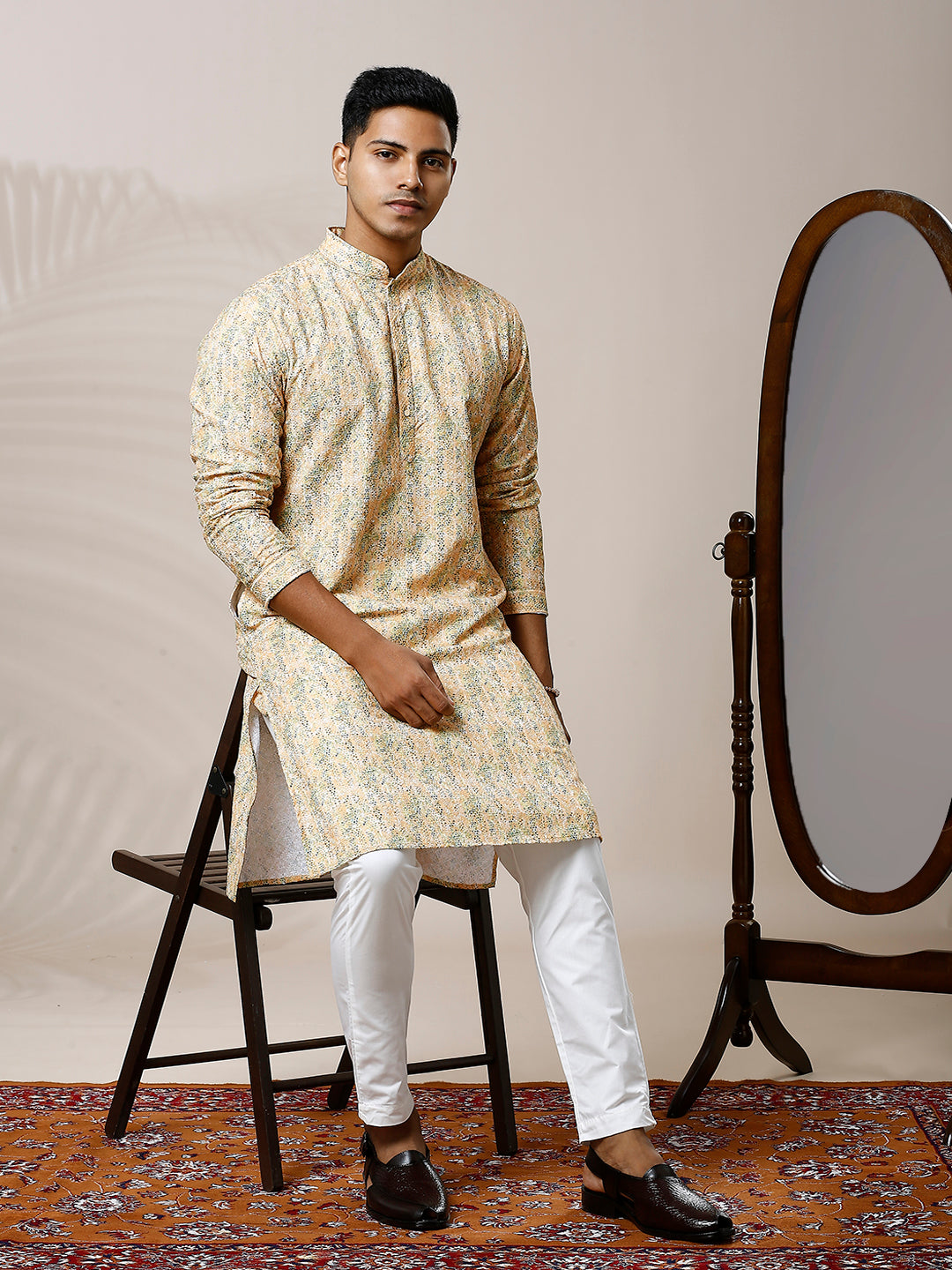 SUNSHINE YELLOW PRINTED KURTA PYJAMA SET WITH EMBROIDERY & WATER SEQUINS