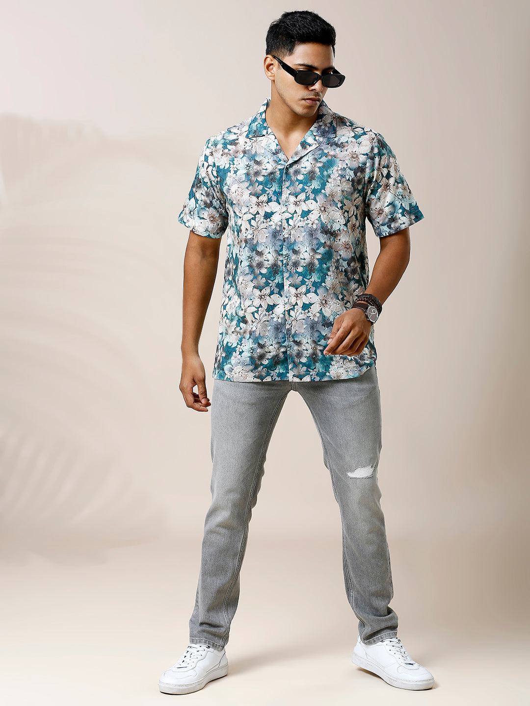 BLUE FLORAL PRINTED CASUAL CUBAN COLLAR SHIRT