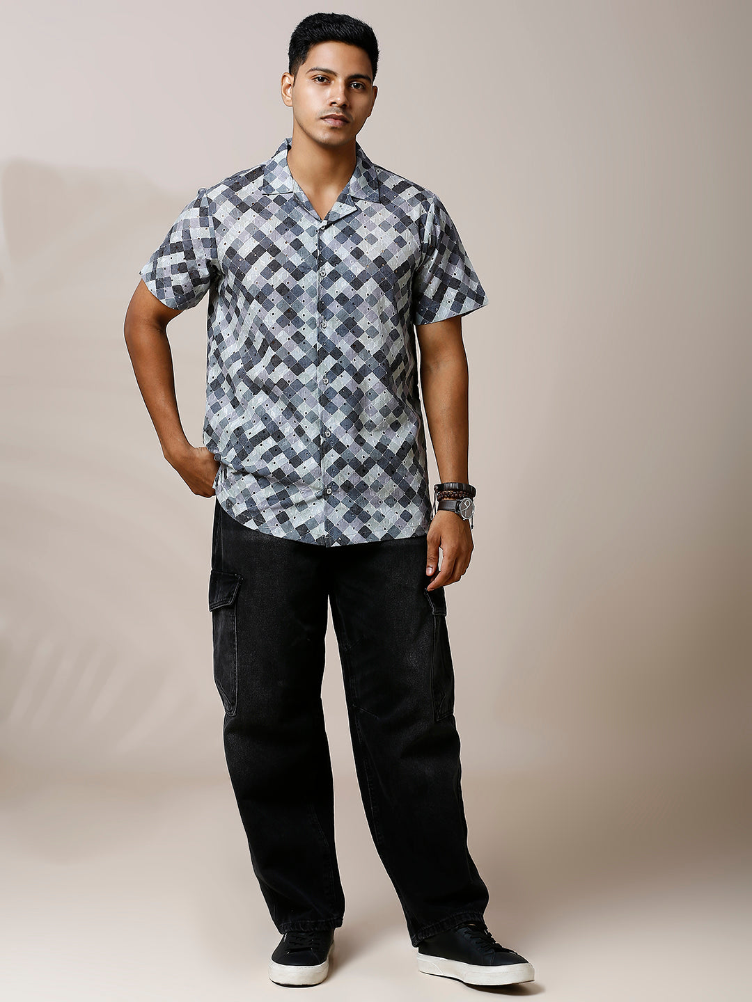 GREYISH BLACK PRINTED CASUAL CUBAN COLLAR SHIRT