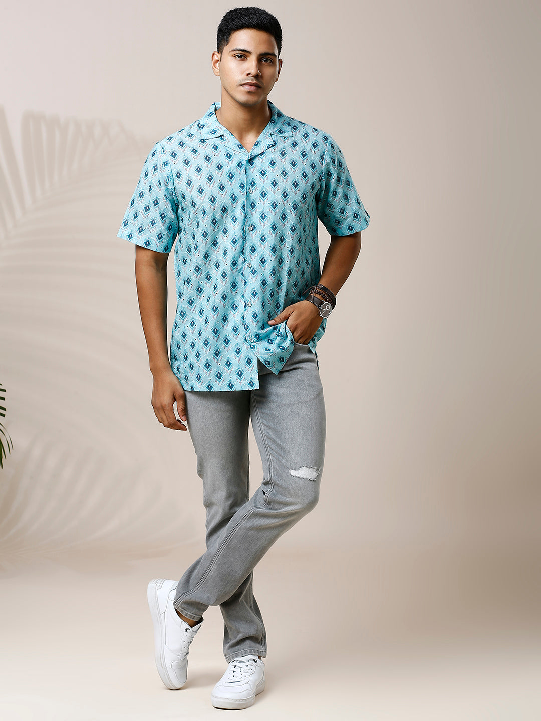 BLUE PRINTED CASUAL CUBAN COLLAR SHIRT