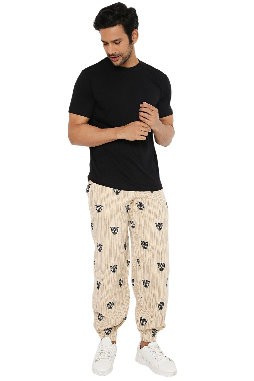 IVORY CREAM KHADI JOGGERS WITH TIGER FACE EMBROIDERY