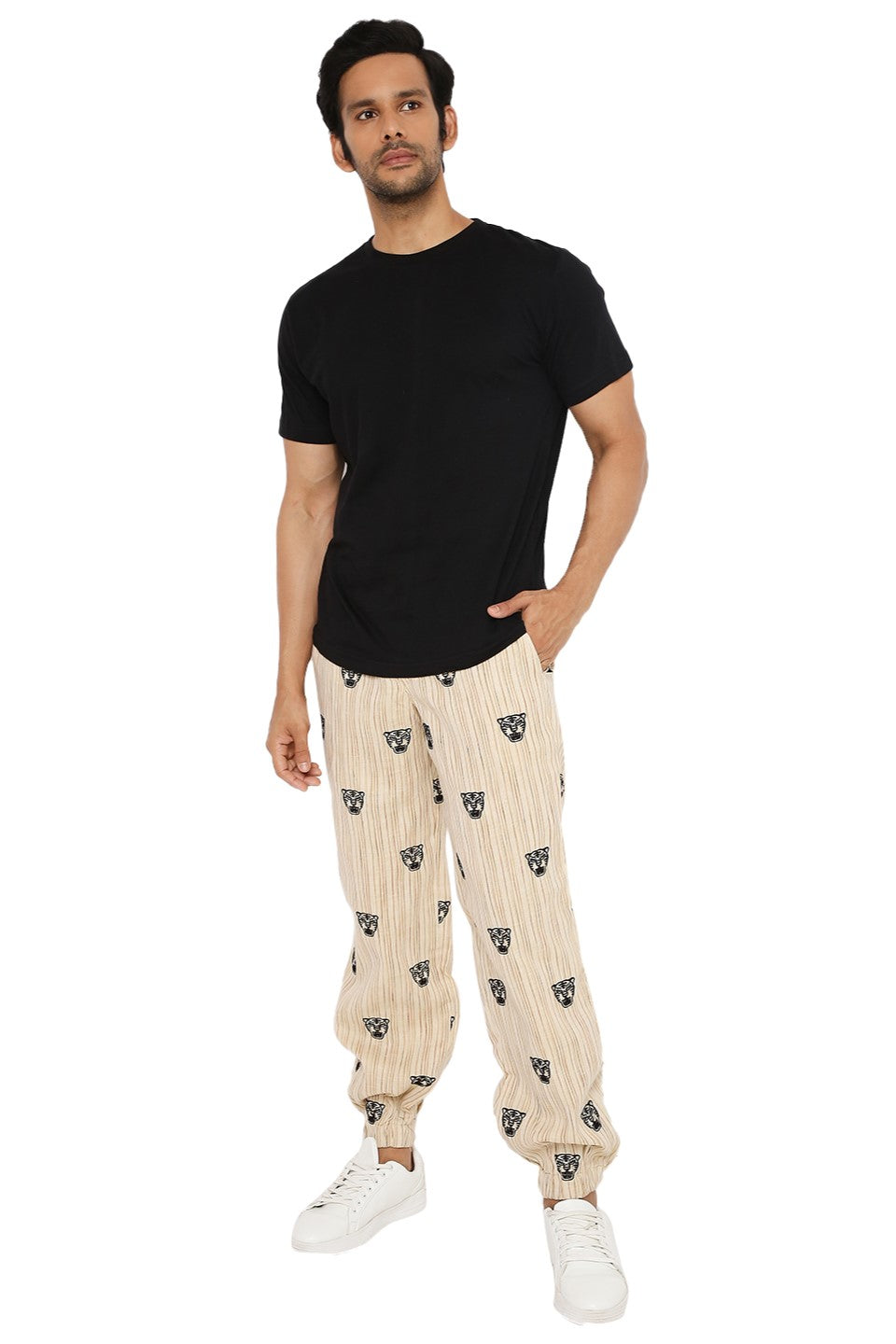 IVORY CREAM JOGGERS WITH TIGER FACE EMBROIDERY