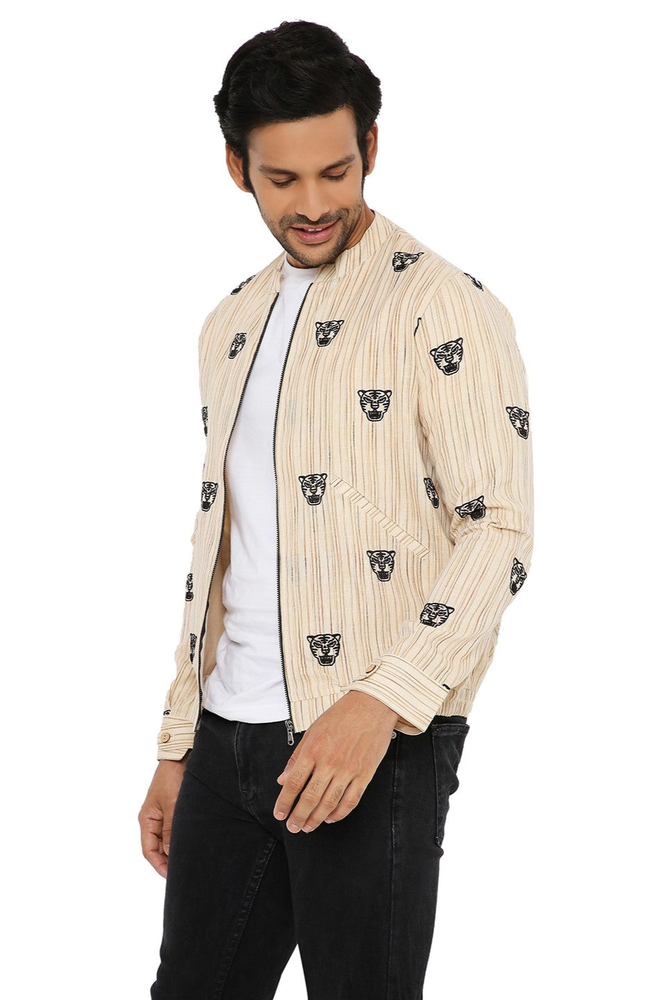 IVORY CREAM KHADI SHACKET WITH EMBROIDERED TIGER FACE