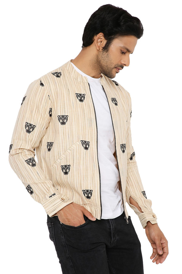IVORY CREAM KHADI SHACKET WITH EMBROIDERED TIGER FACE