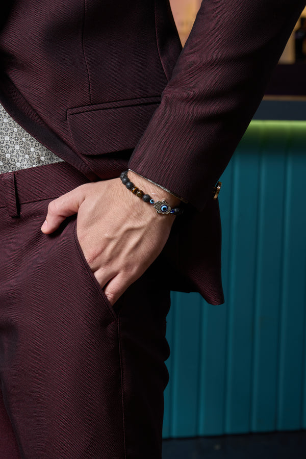 HAMZA HAND WITH EVIL EYE LAVA STONE MENS BRACELET