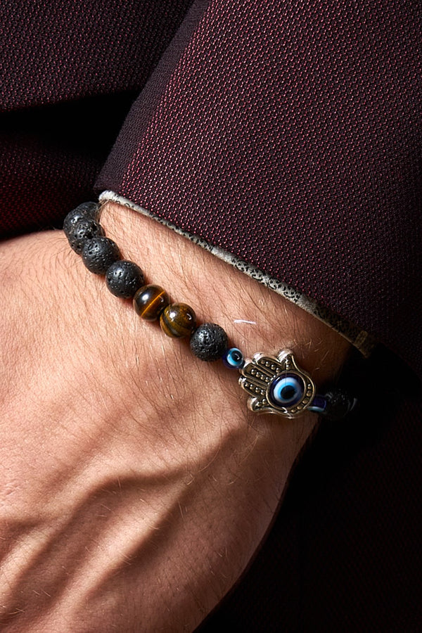 HAMZA HAND WITH EVIL EYE LAVA STONE MENS BRACELET