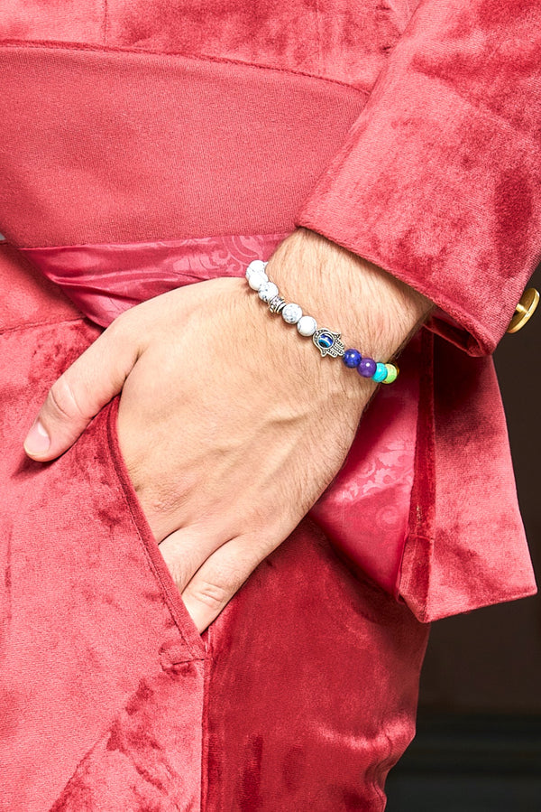 WHITE STONE BEADS WITH HAMZA HAND & 7 CHAKRA STONE BRACELET