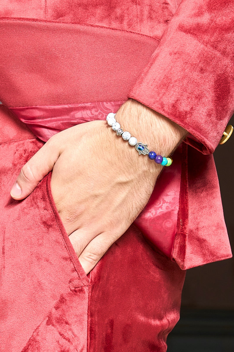 WHITE STONE BEADS WITH HAMZA HAND & 7 CHAKRA STONE BRACELET