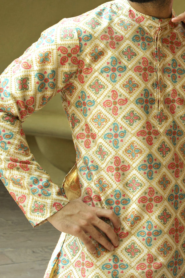 LIGHT OLIVE KURTA PYJAMA SET WITH ZARI AND BANDHANI PRINT