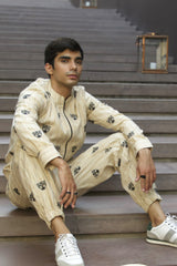 IVORY CREAM KHADI SHACKET AND JOGGER SET WITH TIGER FACE EMBROIDERY