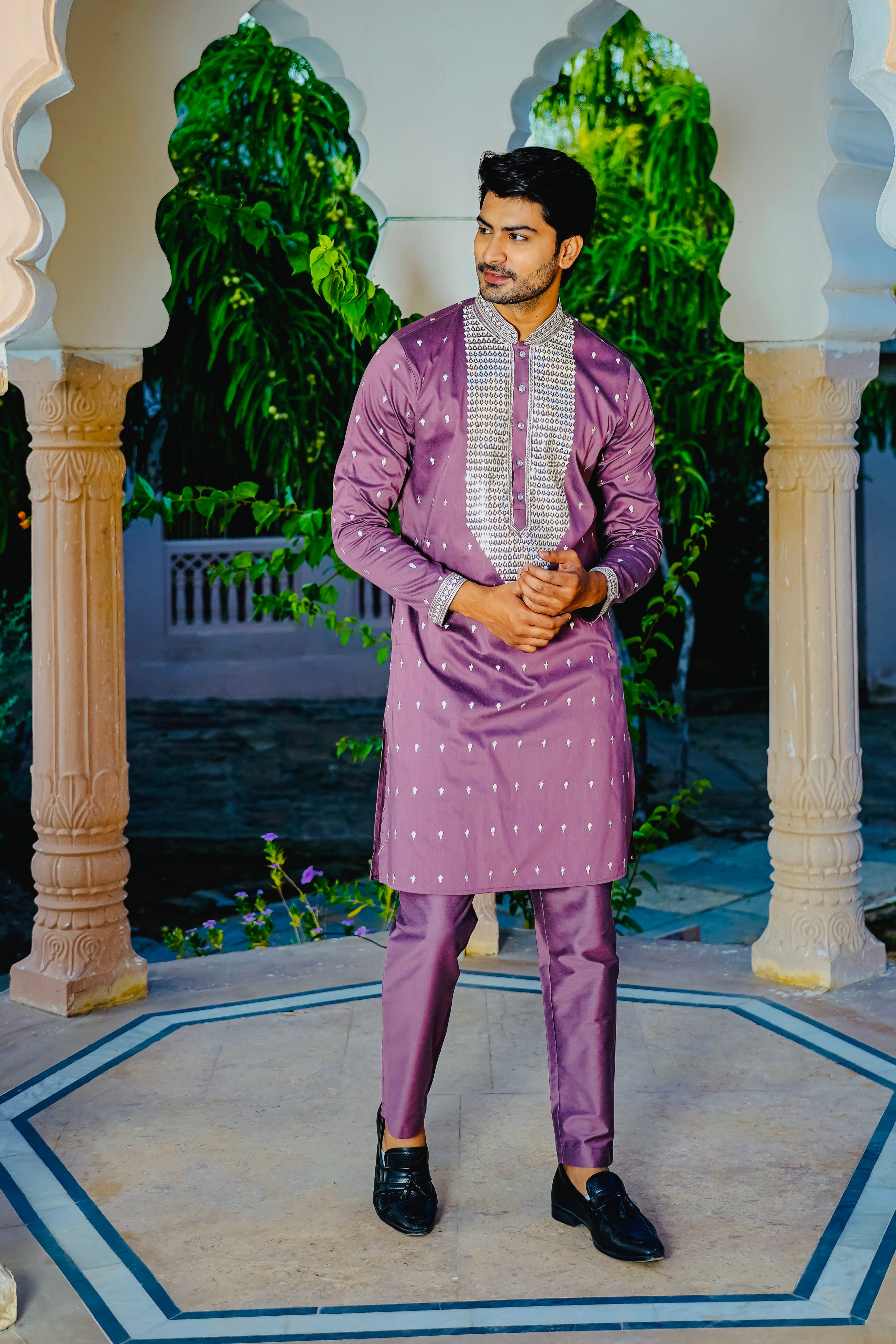 MEADOW MAUVE KURTA PYJAMA SET WITH ELABORATE EMBROIDERY AROUND PLACKET