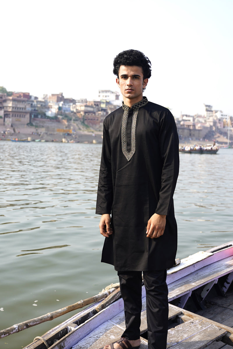 VELVET BLACK SATIN KURTA WITH NECK EMBROIDERY