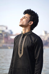 VELVET BLACK SATIN KURTA WITH NECK EMBROIDERY