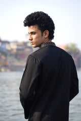 VELVET BLACK SATIN KURTA WITH NECK EMBROIDERY