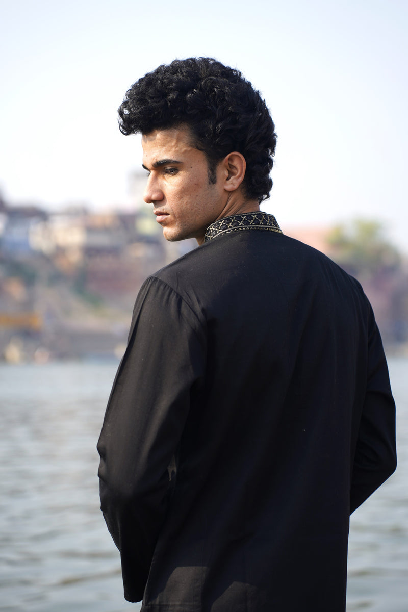 VELVET BLACK SATIN KURTA WITH NECK EMBROIDERY