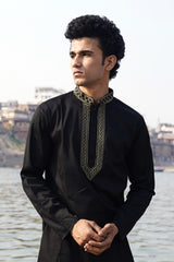 VELVET BLACK SATIN KURTA WITH NECK EMBROIDERY