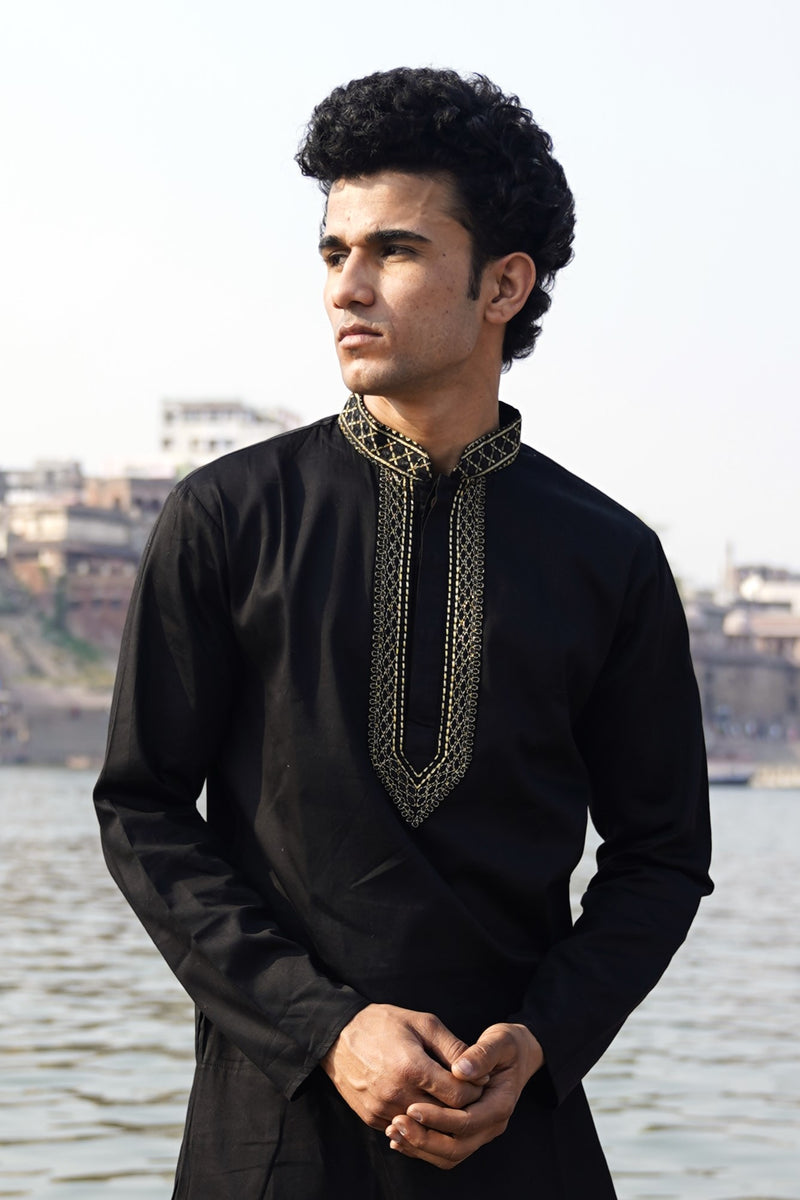 VELVET BLACK SATIN KURTA WITH NECK EMBROIDERY