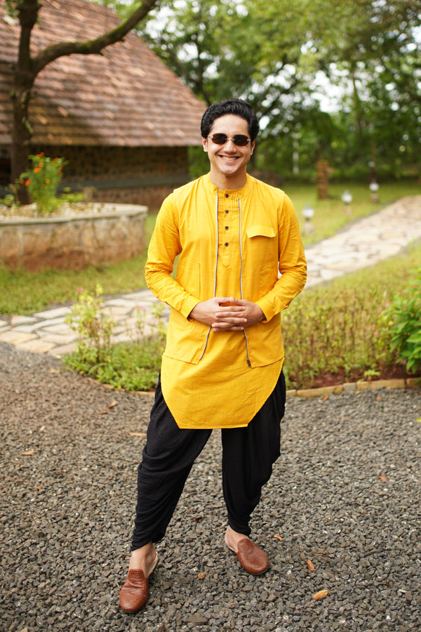YELLOW ASYMETRIC KURTA SET WITH 3 POCKET ZIPPER SHACKET