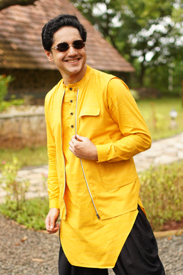 YELLOW ASYMETRIC KURTA SET WITH 3 POCKET ZIPPER SHACKET