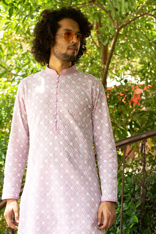 MAUVE ORCHID MIRROR ABLA EMBROIDERED KURTA SET WITH PEARL BUTTON DETAIL