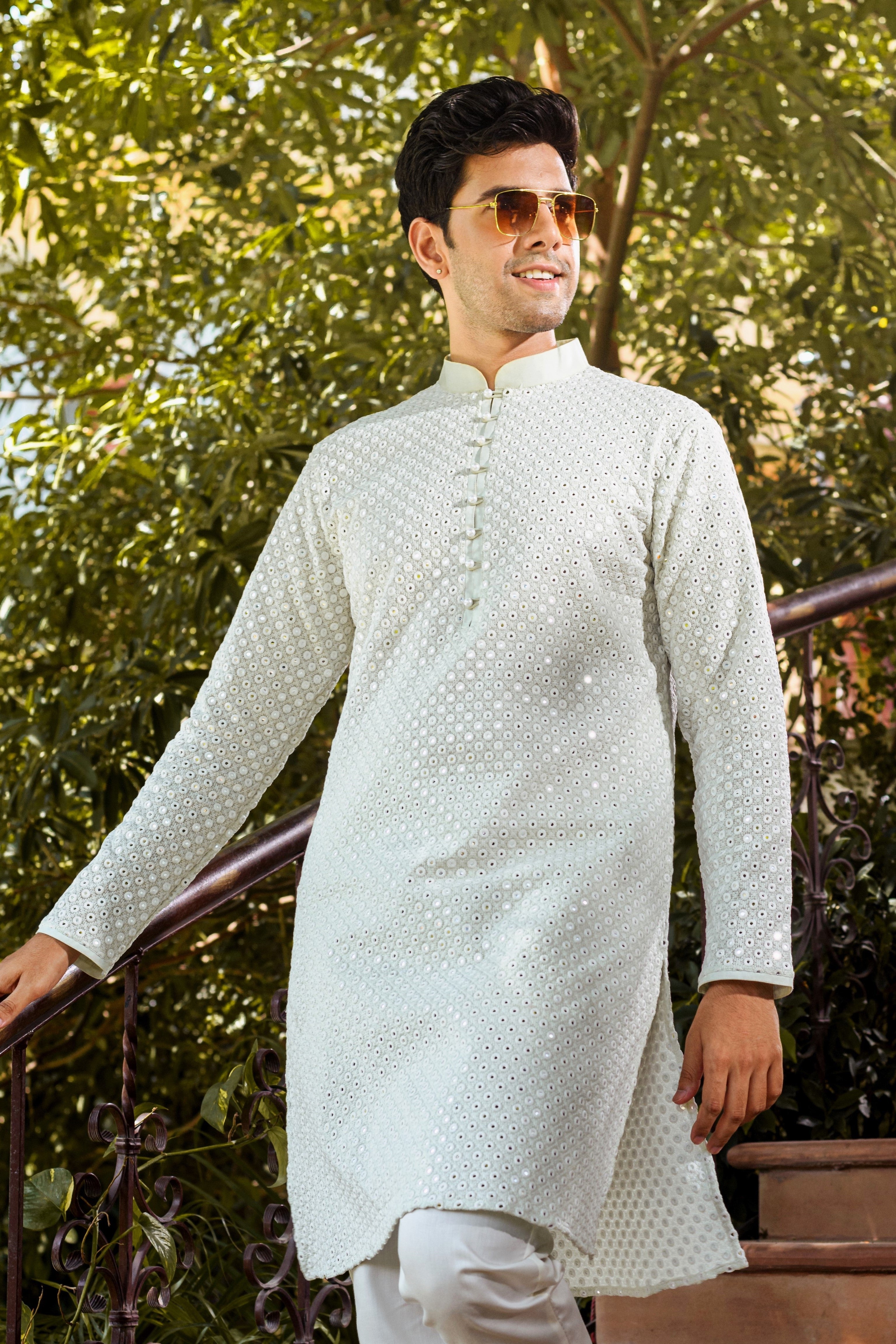 MINT GREEN MIRROR ABLA EMBROIDERED KURTA PYJAMA SET WITH PEARL BUTTON DETAIL