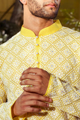 BRIGHT YELLOW MIRROR ABLA EMBROIDERED KURTA SET WITH PEARL BUTTON DETAIL