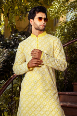 BRIGHT YELLOW MIRROR ABLA EMBROIDERED KURTA SET WITH PEARL BUTTON DETAIL
