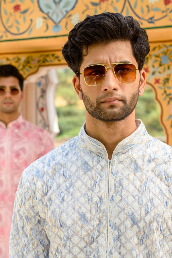 IVORY & BLUE EMBROIDERED GEOMETRIC DESIGN KURTA SET WITH CONTRAST NECK PIPING DETAIL