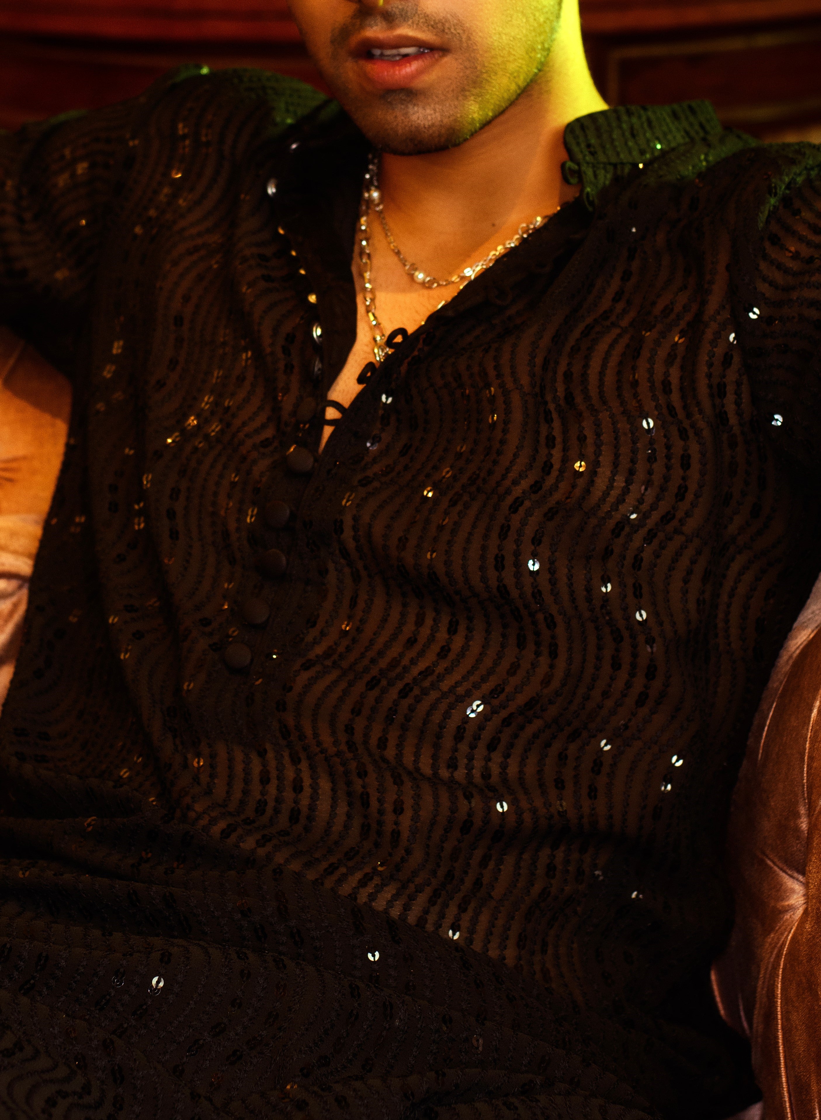 BLACK CHIKANKARI KURTA PYJAMA SET WITH SEQUINS HIGHLIGHT FOR A SHINY OCCASSION