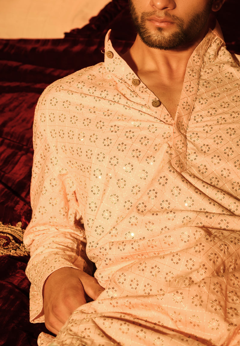 EMBROIDERED PASTEL PINK KURTA PYJAMA SET WITH ALL OVER SEQUIN DESIGN