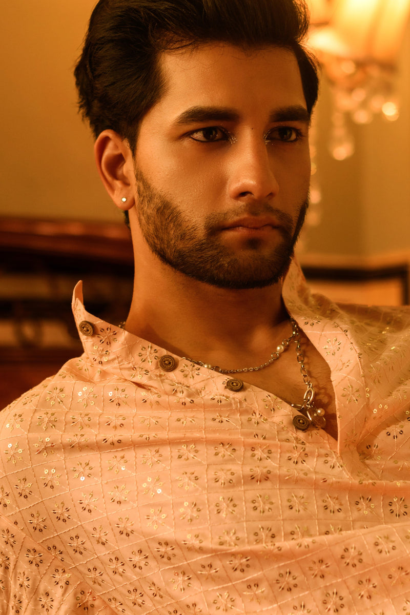 EMBROIDERED PASTEL PINK KURTA PYJAMA SET WITH ALL OVER SEQUIN DESIGN