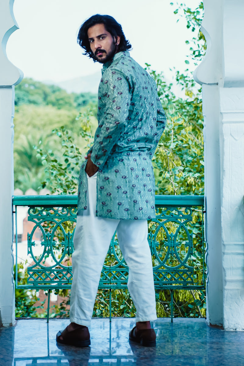 MACHA GREEN FLOWER PRINTED KURTA SET WITH ZIG-ZAG DORI & SEQUINS WORK