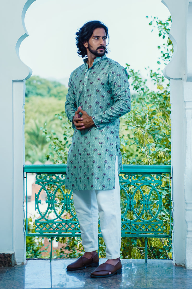 MACHA GREEN FLOWER PRINTED KURTA SET WITH ZIG-ZAG DORI & SEQUINS WORK