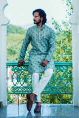 MACHA GREEN FLOWER PRINTED KURTA SET WITH ZIG-ZAG DORI & SEQUINS WORK