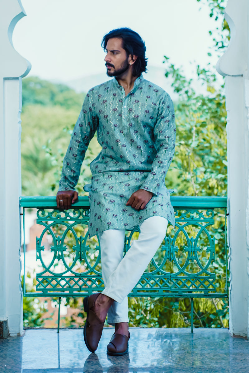 MACHA GREEN FLOWER PRINTED KURTA SET WITH ZIG-ZAG DORI & SEQUINS WORK
