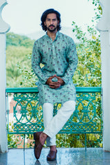 MACHA GREEN FLOWER PRINTED KURTA SET WITH ZIG-ZAG DORI & SEQUINS WORK
