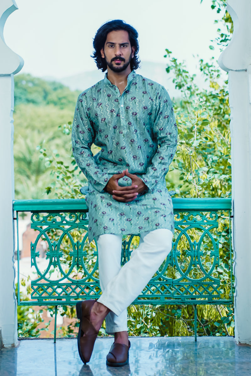 MACHA GREEN FLOWER PRINTED KURTA SET WITH ZIG-ZAG DORI & SEQUINS WORK