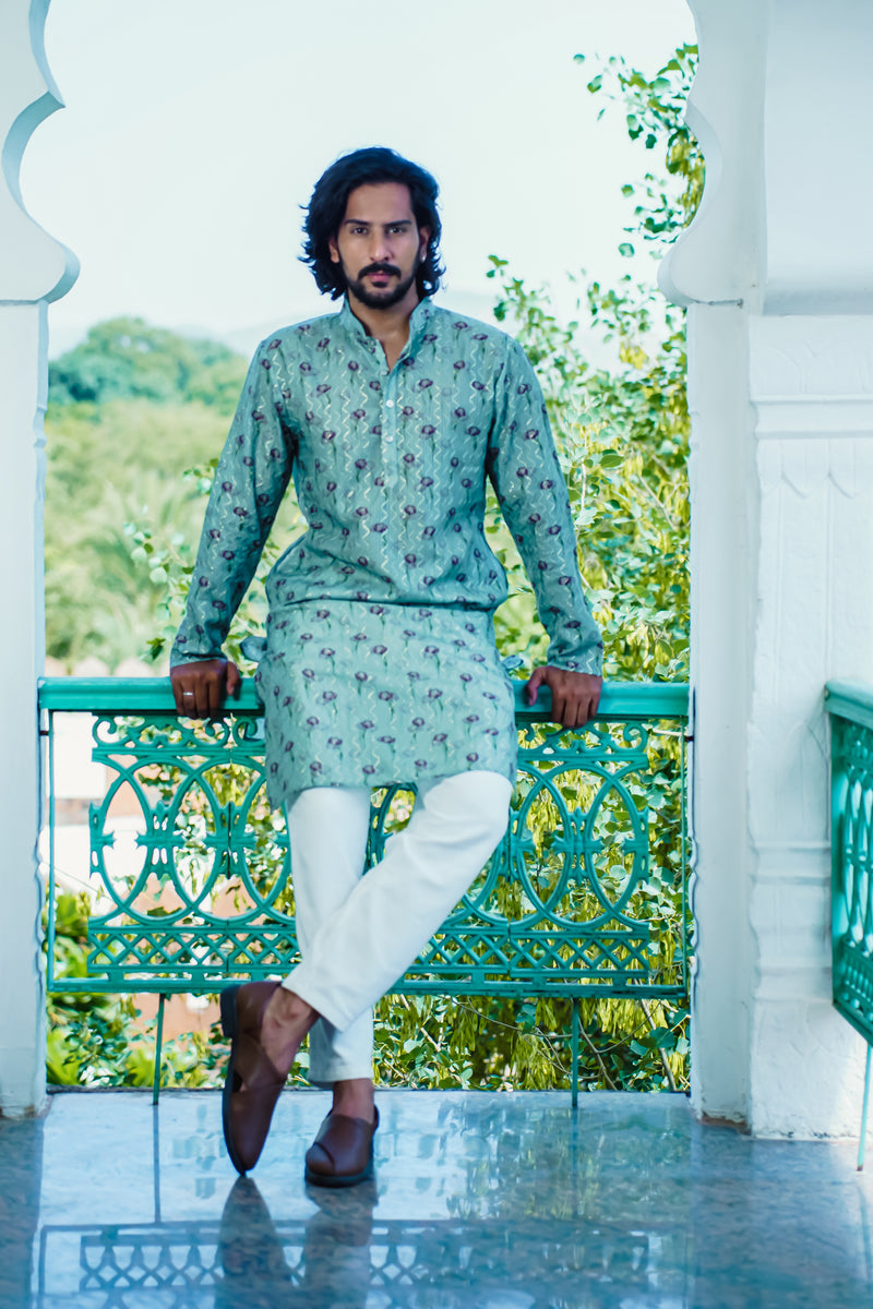 MACHA GREEN FLOWER PRINTED KURTA SET WITH ZIG-ZAG DORI & SEQUINS WORK