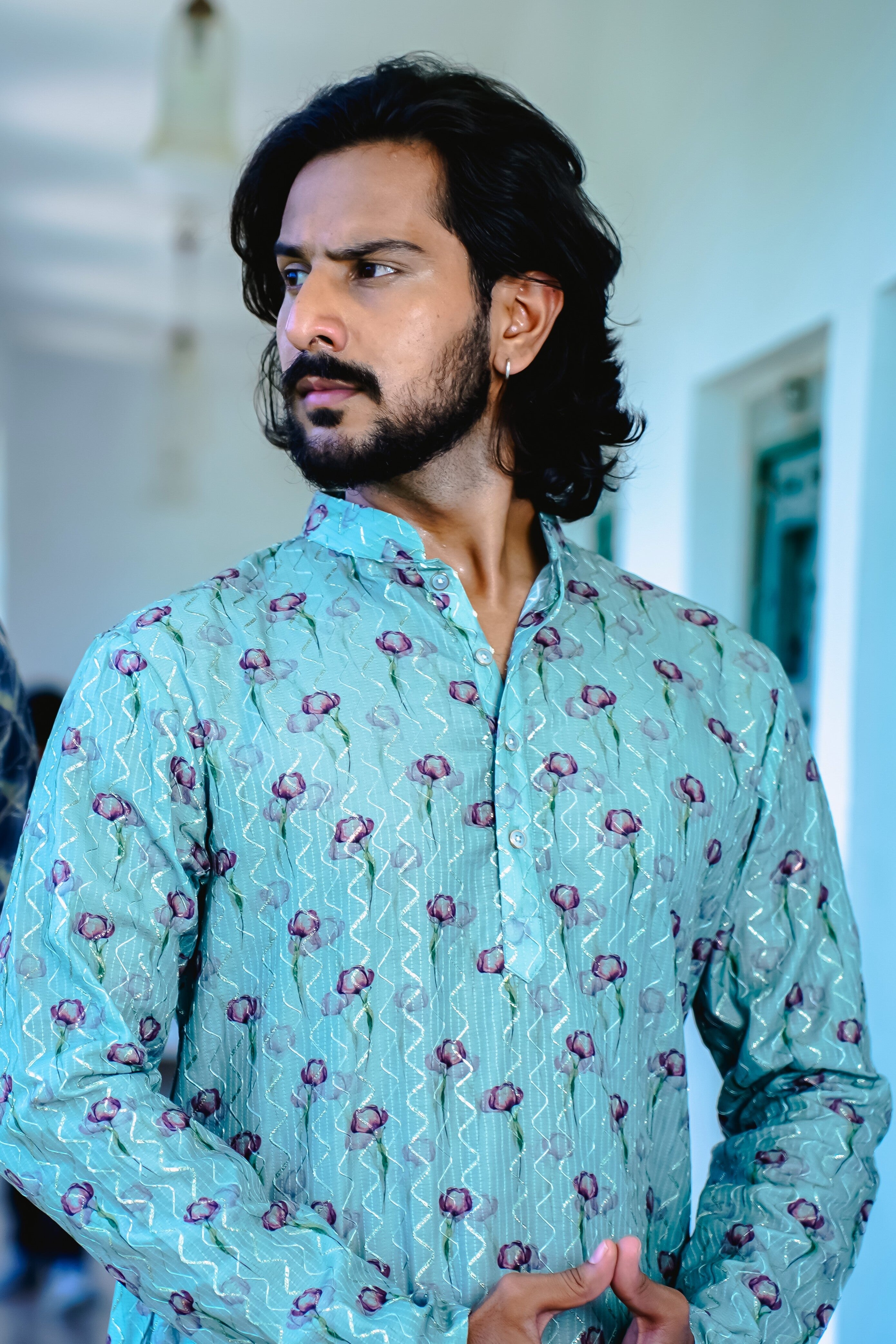 MACHA GREEN FLOWER PRINTED KURTA PYJAMA SET WITH ZIG-ZAG DORI & SEQUINS WORK