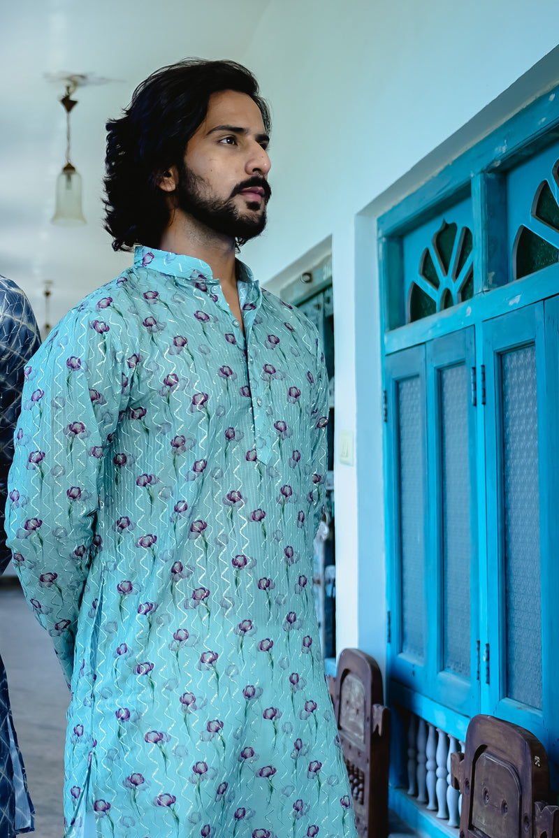 MACHA GREEN FLOWER PRINTED KURTA SET WITH ZIG-ZAG DORI & SEQUINS WORK