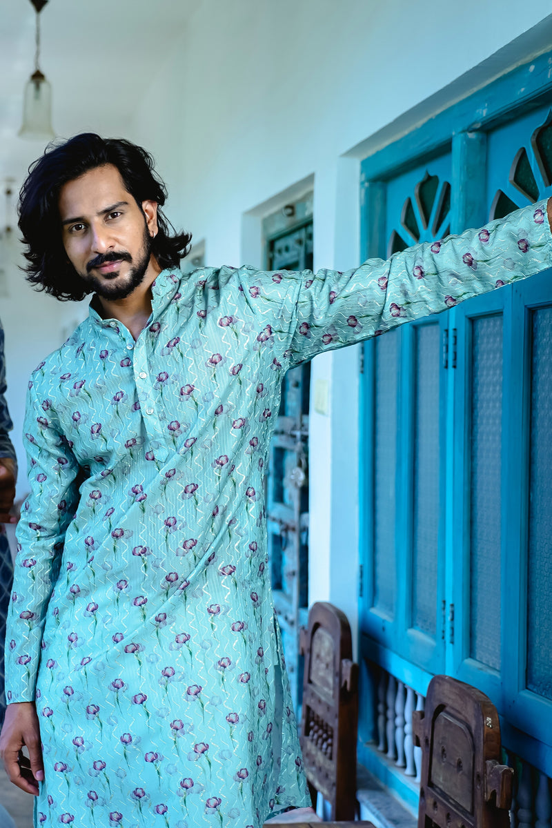 MACHA GREEN FLOWER PRINTED KURTA SET WITH ZIG-ZAG DORI & SEQUINS WORK