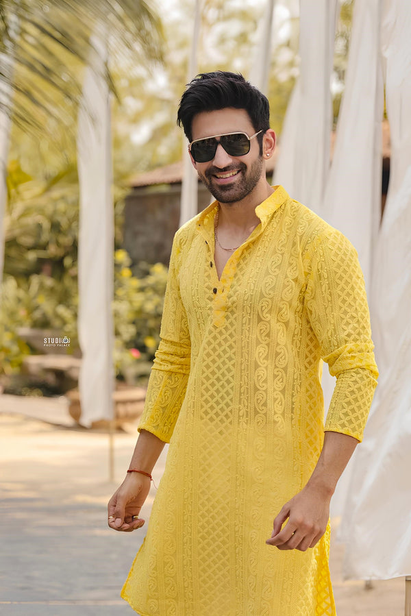 SUMMER YELLOW GEORGETTE PAISLEY DESIGN CHIKANKARI REGULAR FIT KURTA