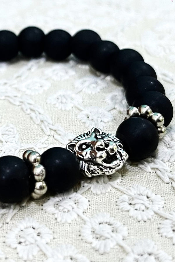 LION HEAD OXIDISED SILVER WITH BLACK STONES MENS BRACELET