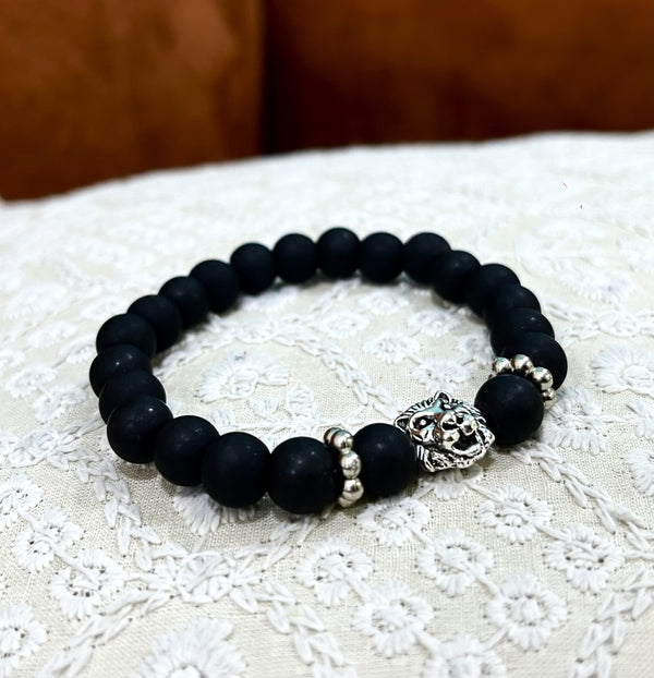LION HEAD OXIDISED SILVER WITH BLACK STONES MENS BRACELET
