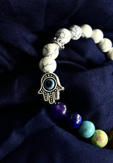 WHITE STONE BEADS WITH HAMZA HAND & 7 CHAKRA STONE BRACELET