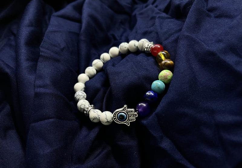 WHITE STONE BEADS WITH HAMZA HAND & 7 CHAKRA STONE BRACELET