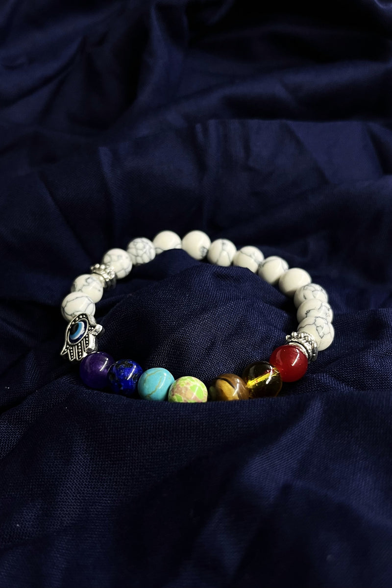 WHITE STONE BEADS WITH HAMZA HAND & 7 CHAKRA STONE BRACELET
