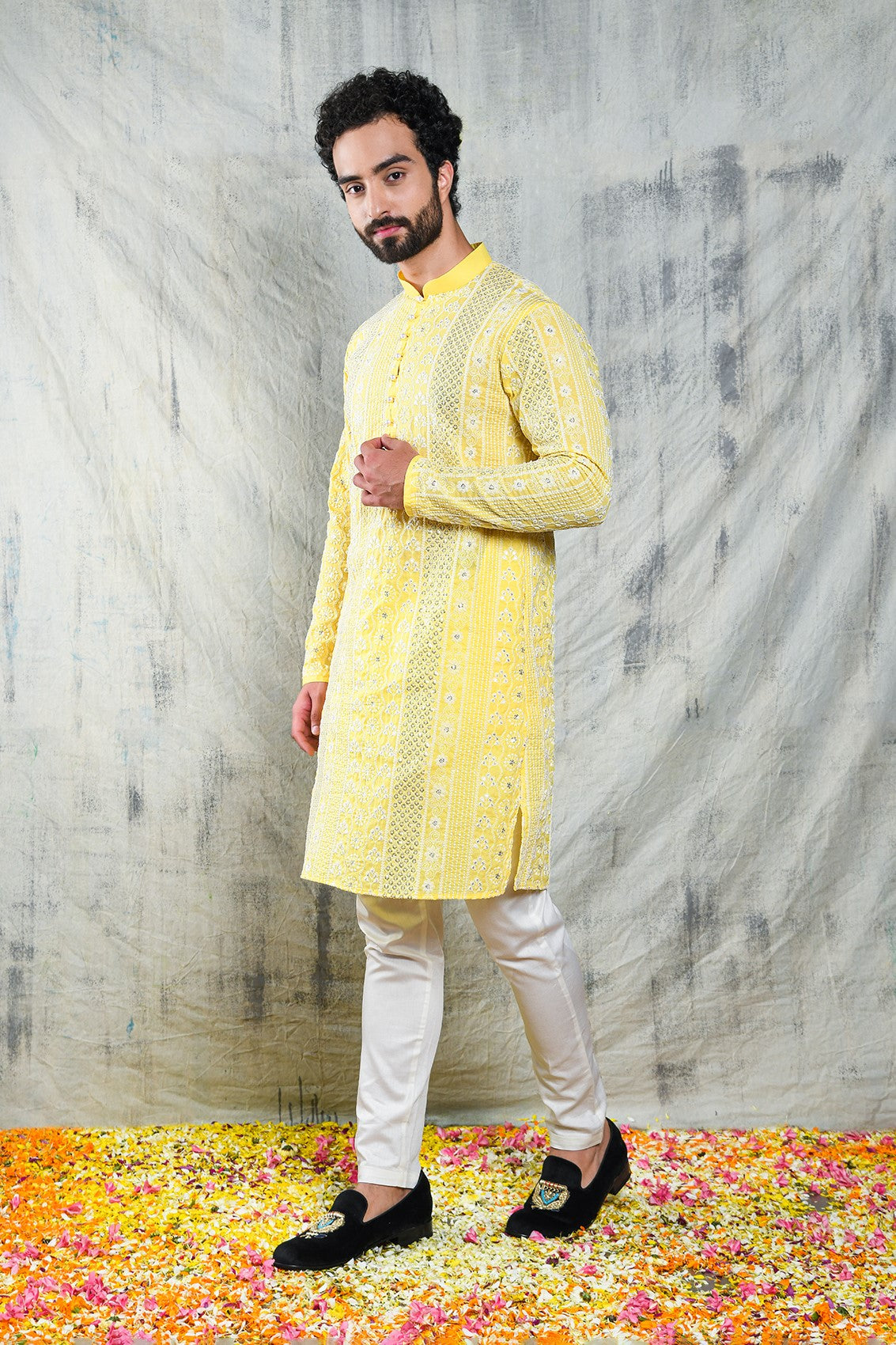 MISTED YELLOW SEQUIN EMBROIDERED KURTA PYJAMA SET WITH PEARL BUTTON DETAIL
